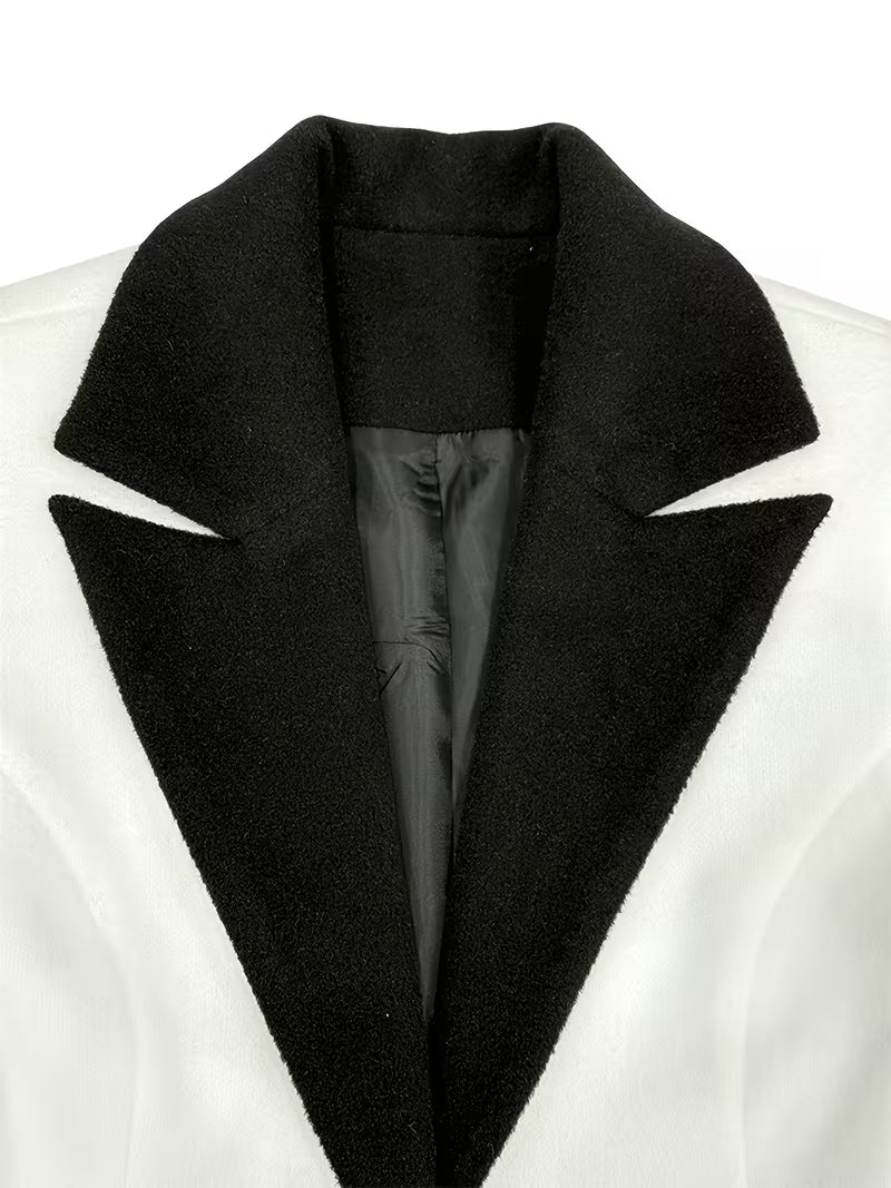 Women’s Elegant Contrast-Trim Tailored Midi Coat Dress with Notched Lapels