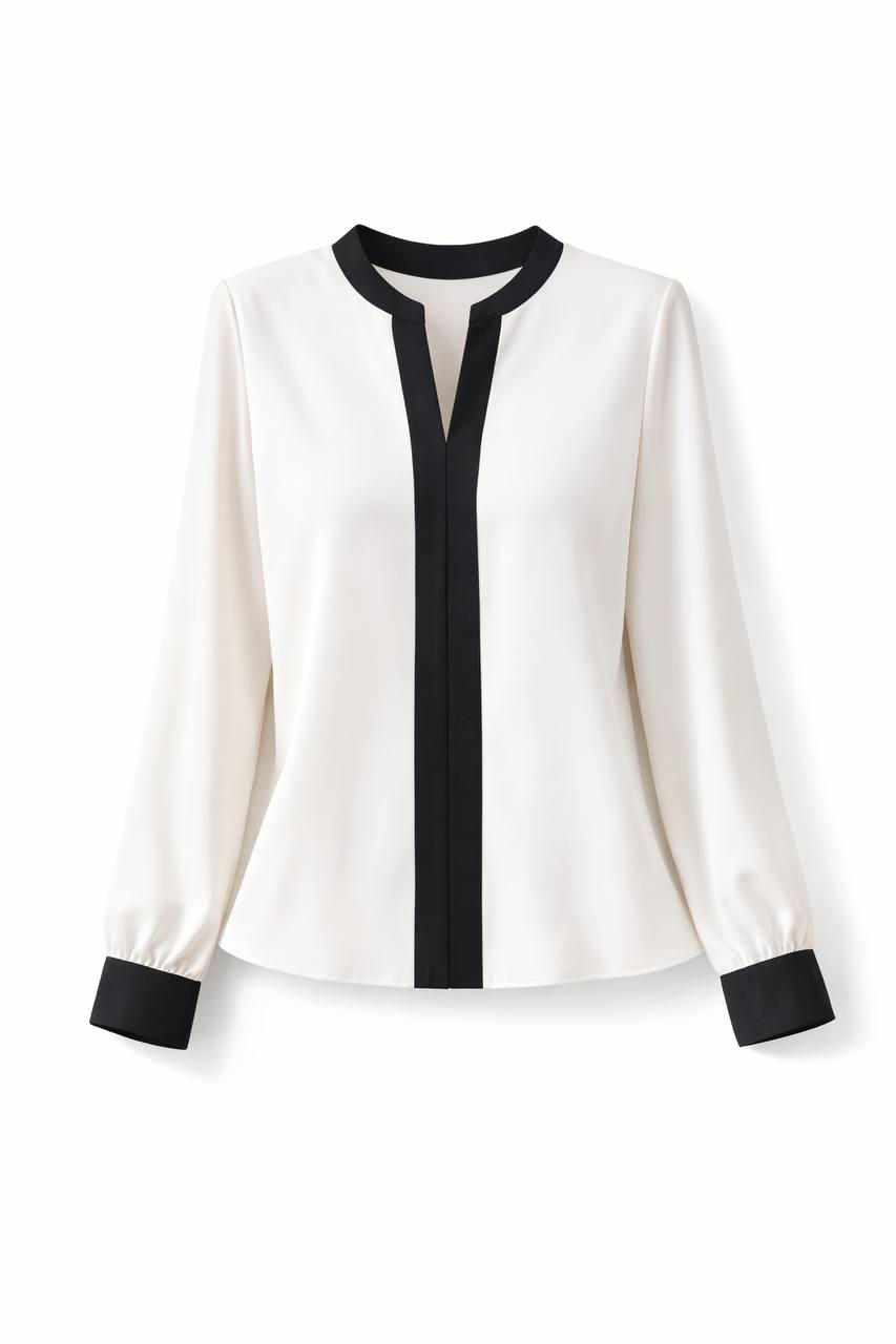 Women's Contrast Trim V Neck Work  Blouse