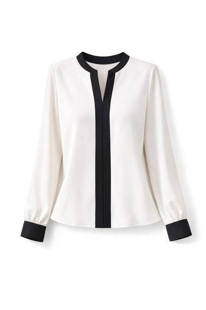 Women's Contrast Trim V Neck Work  Blouse