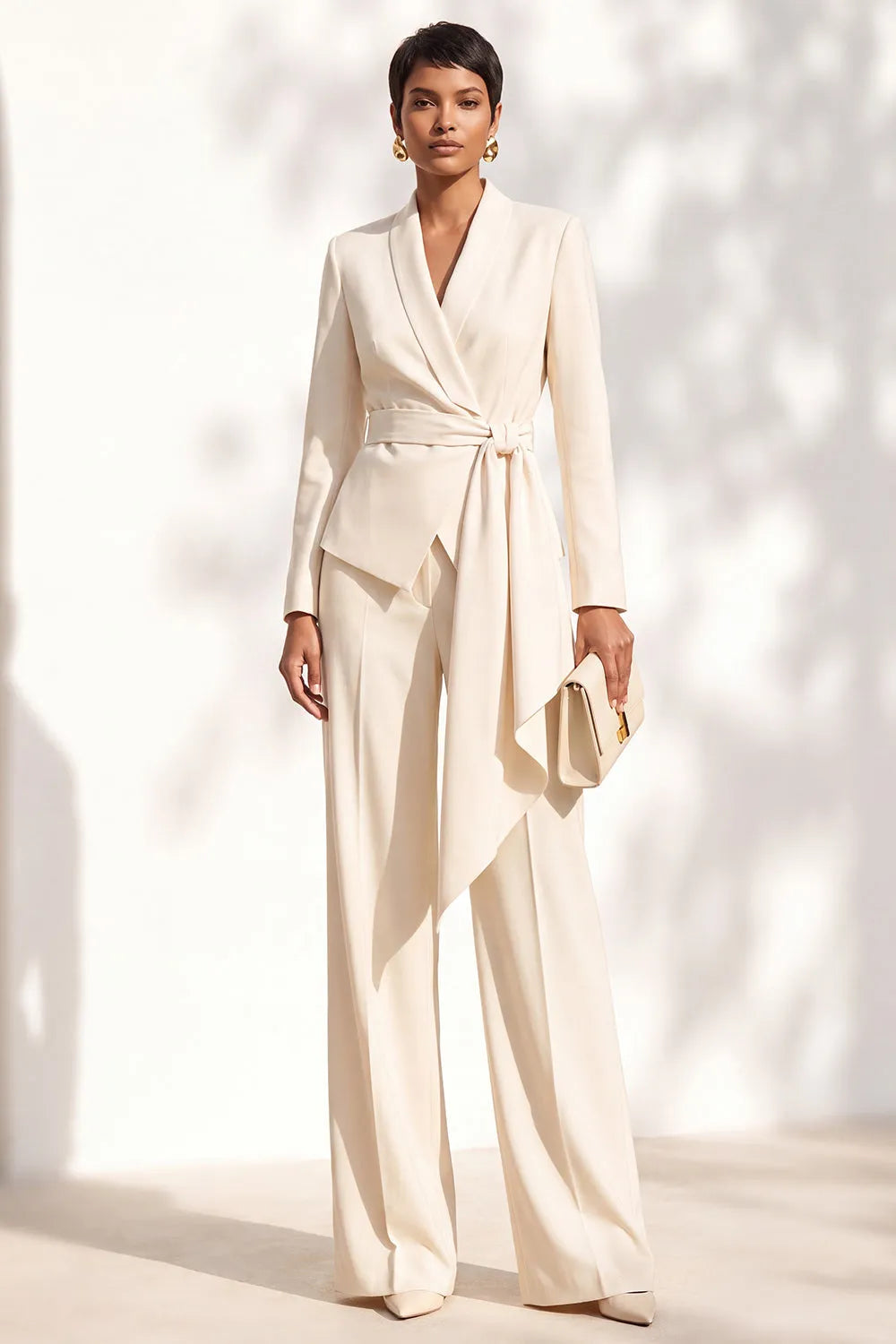 Women’s Elegant Wrap-Front Blazer & Wide-Leg Trousers Set