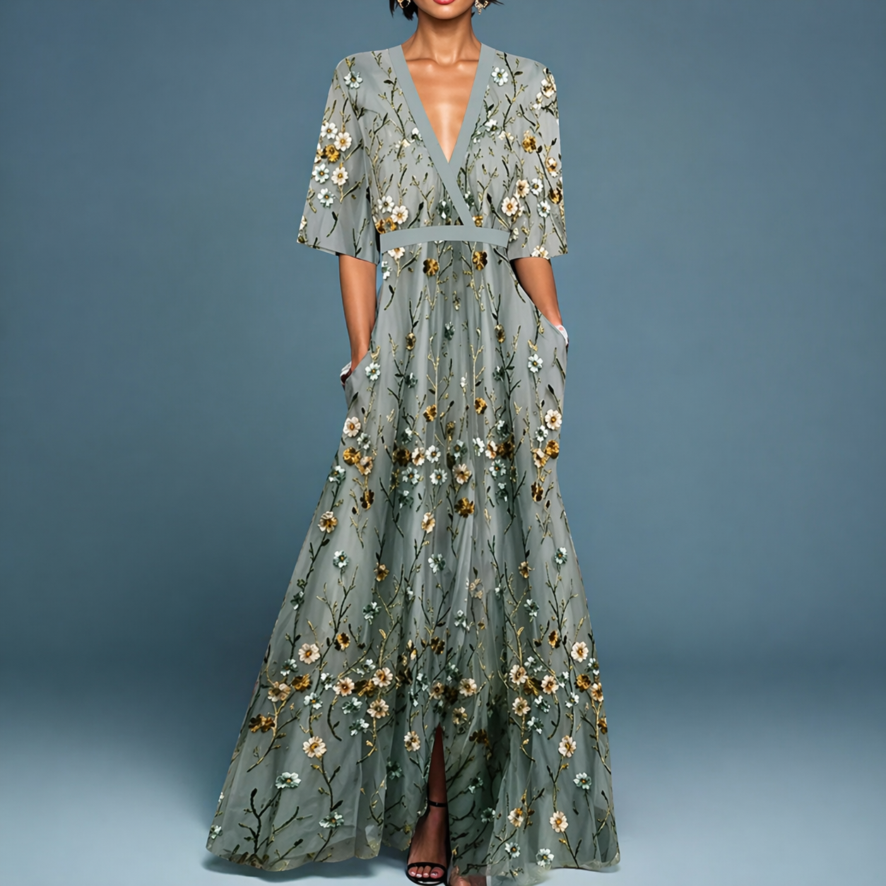 Women's Floral Wrap Maxi Dress with Flutter Sleeves