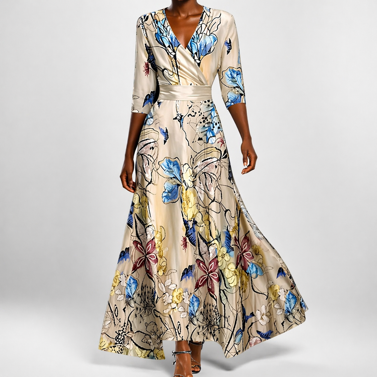 Women's Floral Wrap Maxi Dress with Flutter Sleeves