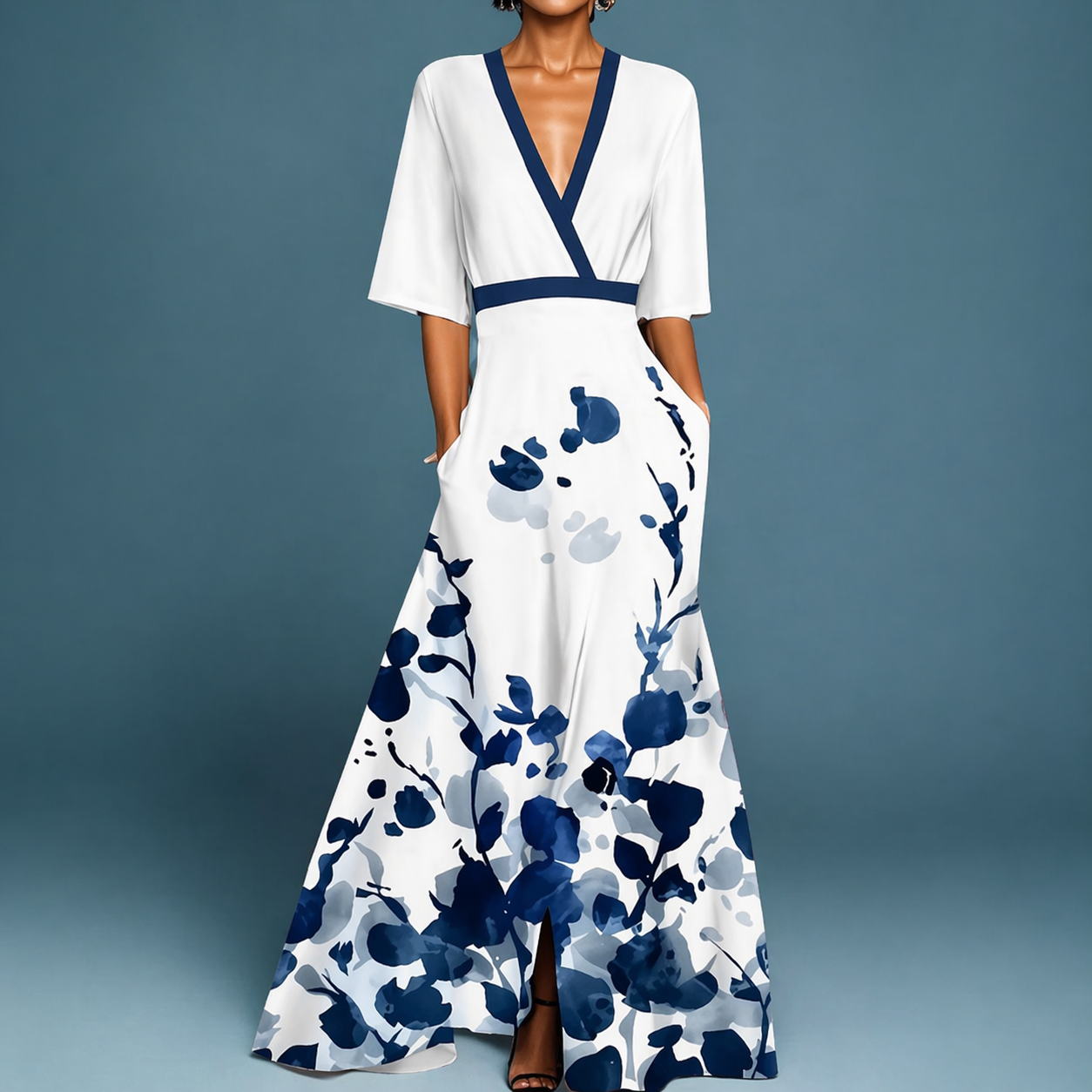 Women's Floral Wrap Maxi Dress with Flutter Sleeves