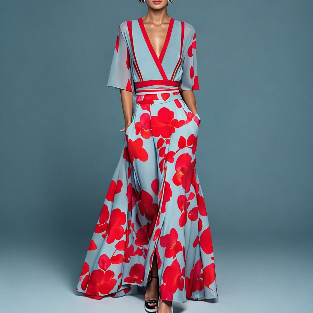 Women's Floral Wrap Maxi Dress with Flutter Sleeves