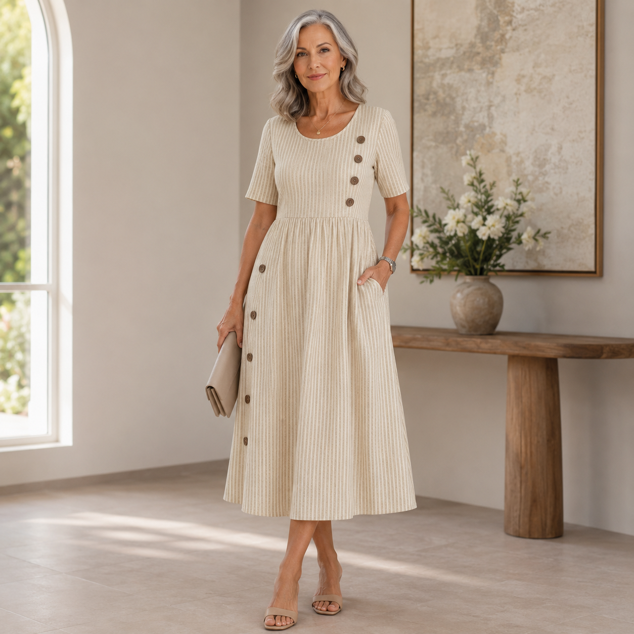 Women's Button Detail Textured Midi Dress