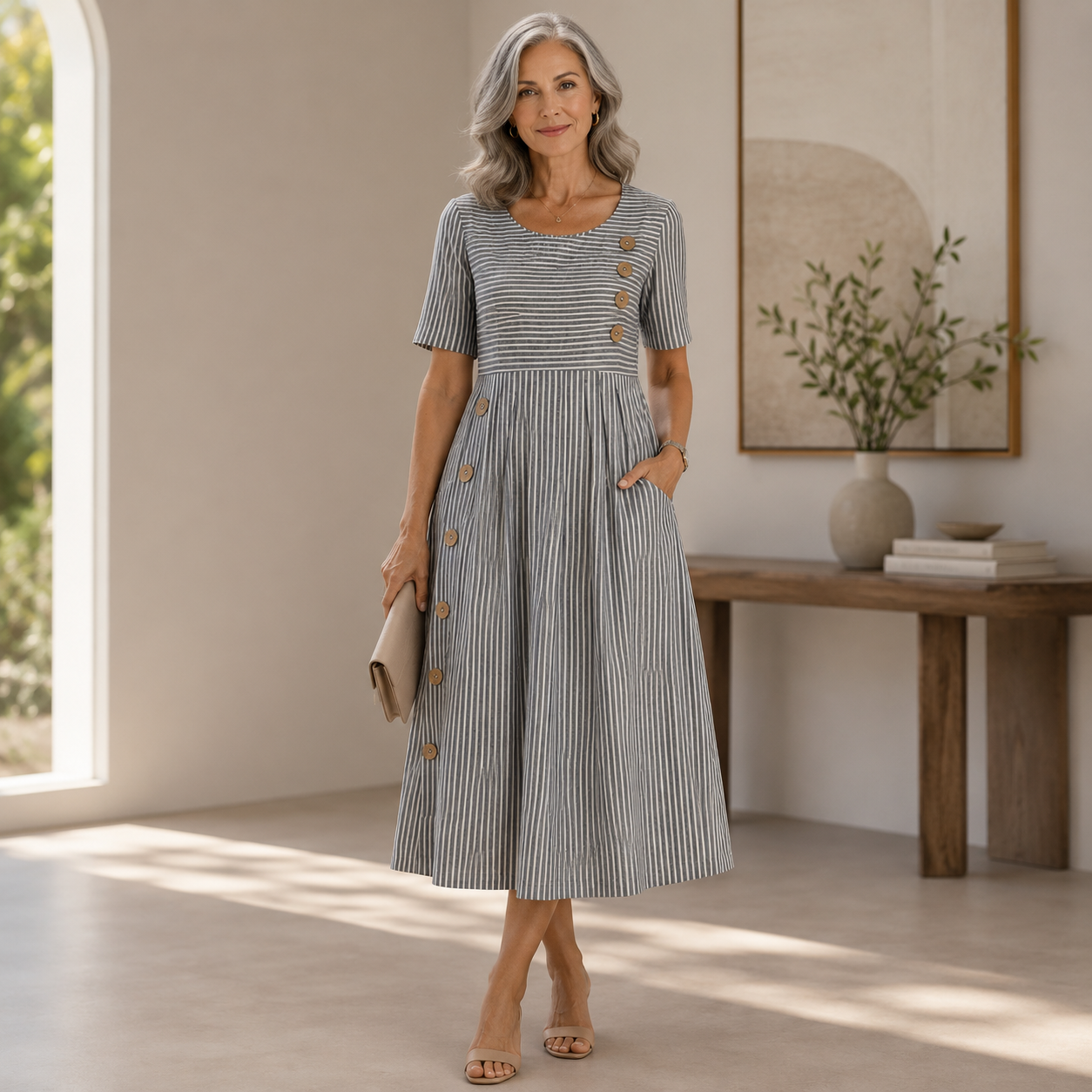 Women's Button Detail Textured Midi Dress