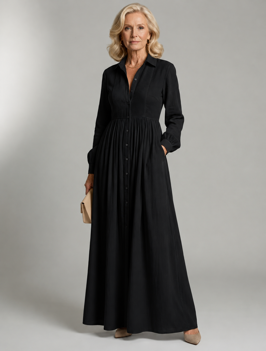 Button Front V-Neck Long Sleeve Waisted Maxi Dress
