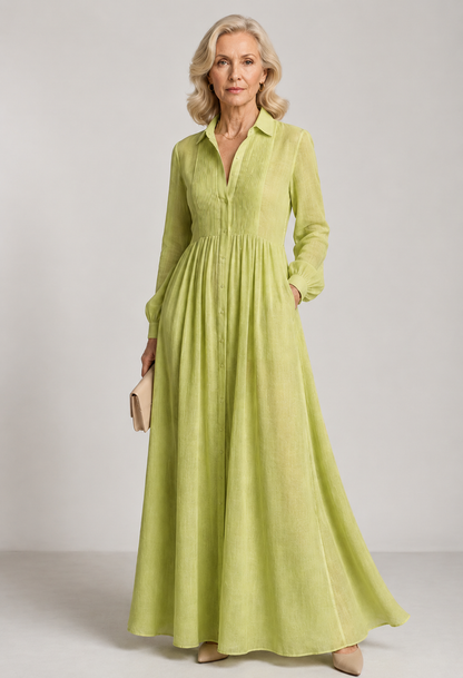Button Front V-Neck Long Sleeve Waisted Maxi Dress