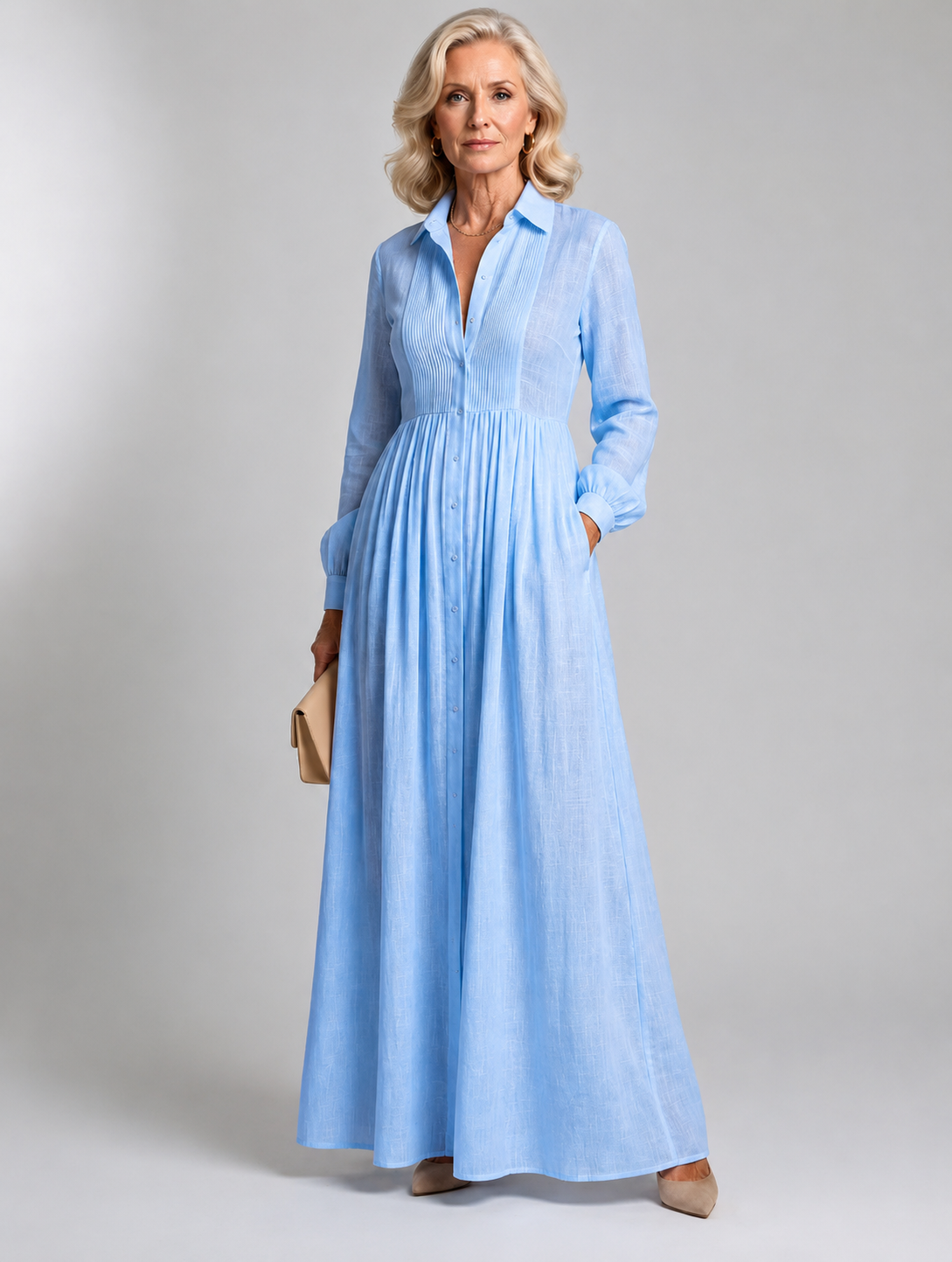 Button Front V-Neck Long Sleeve Waisted Maxi Dress