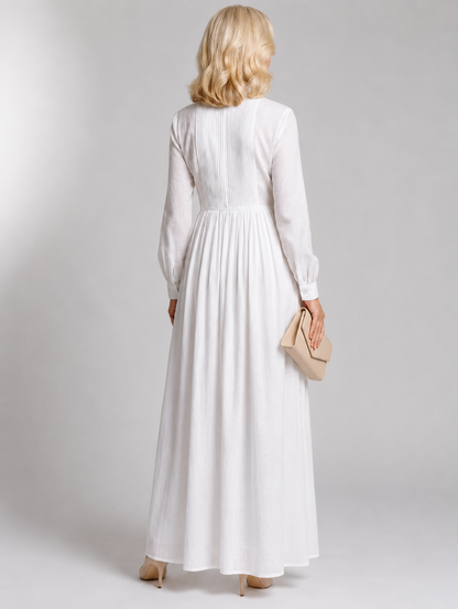 Button Front V-Neck Long Sleeve Waisted Maxi Dress