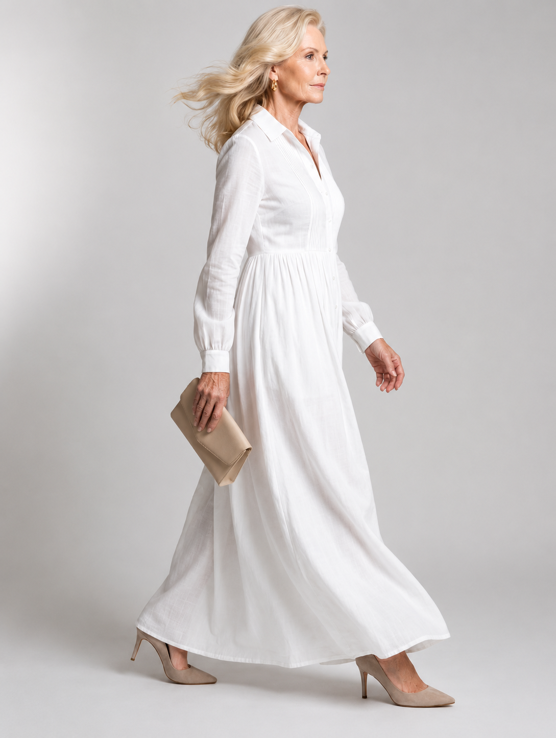 Button Front V-Neck Long Sleeve Waisted Maxi Dress