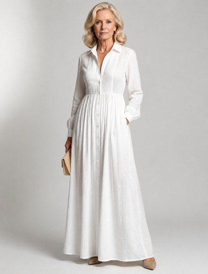 Button Front V-Neck Long Sleeve Waisted Maxi Dress
