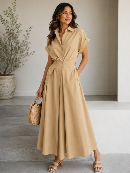Women's Button Front Tie Waist Shirt Maxi Dress