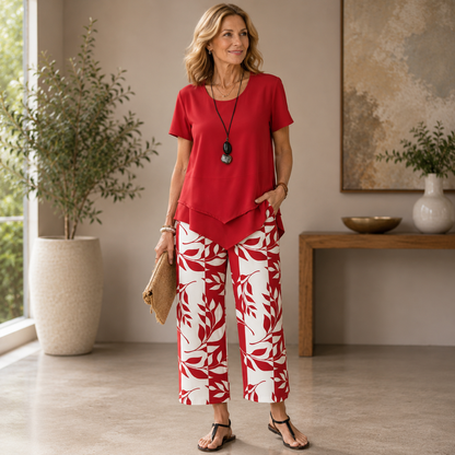 Women's Asymmetrical Top & Floral Wide Leg Pants Set