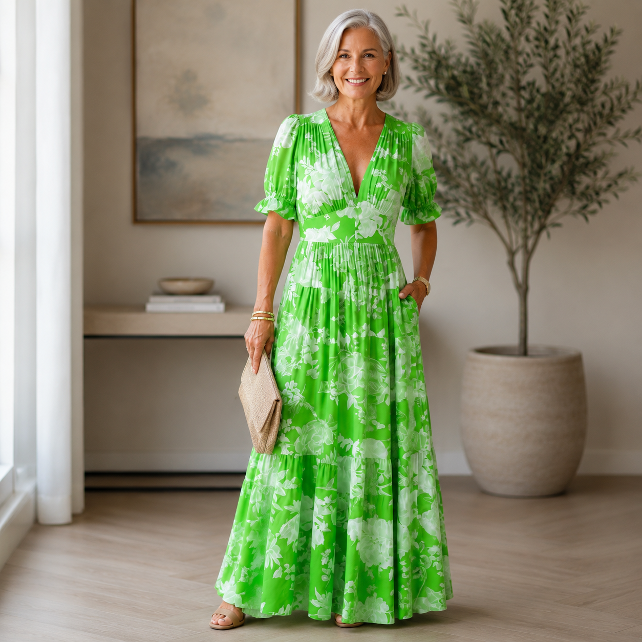 Women's Short Sleeve Floral Maxi Dress