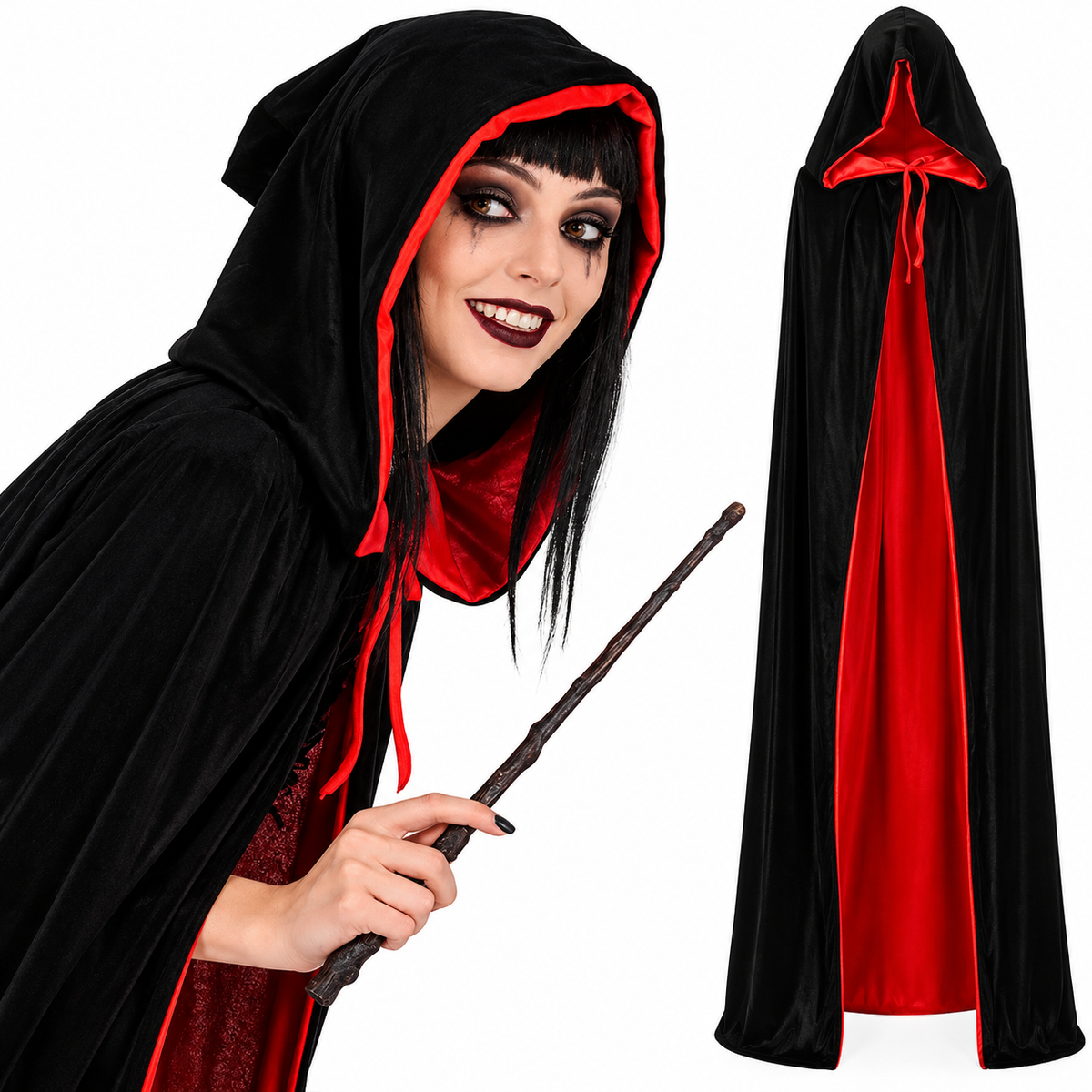 Women's Hooded Vampire Cloak Costume - Black/Red
