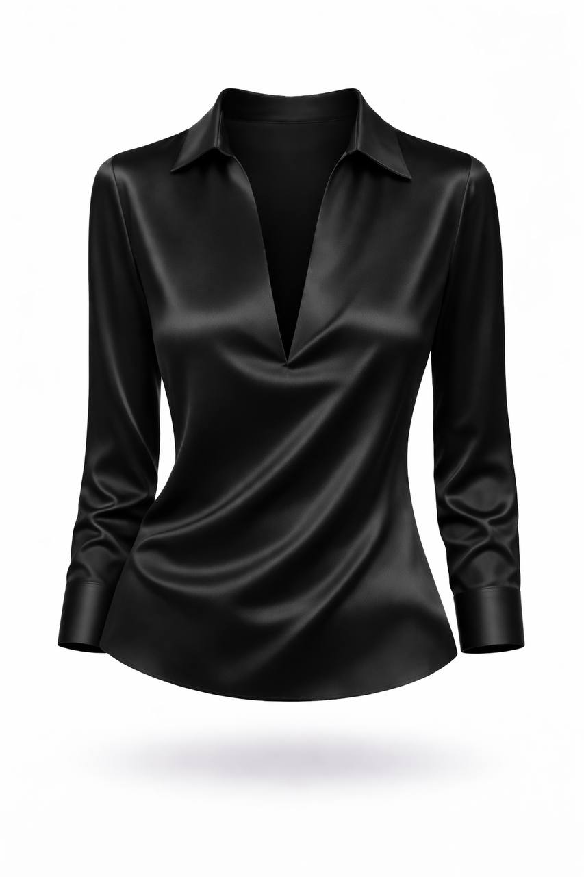 Women's Satin Collared V Neck Blouse