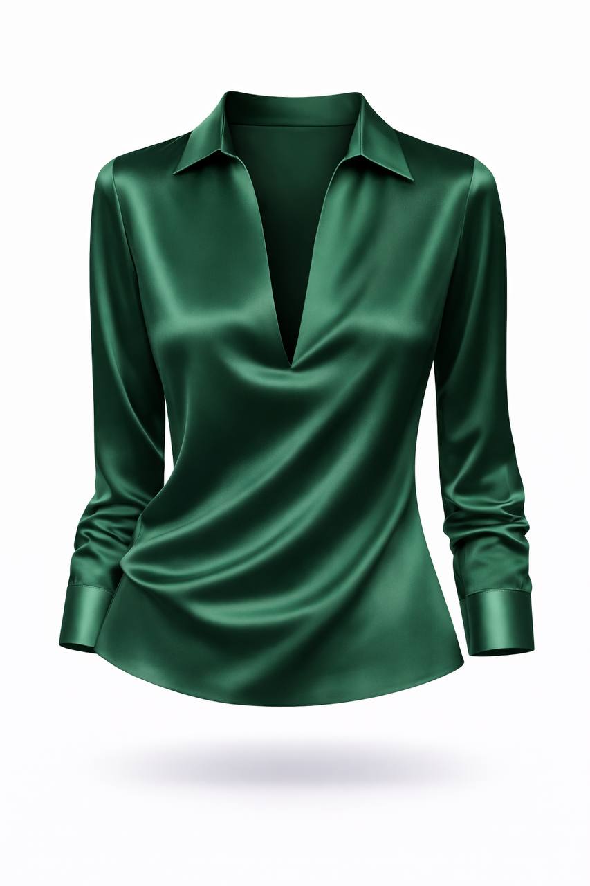 Women's Satin Collared V Neck Blouse