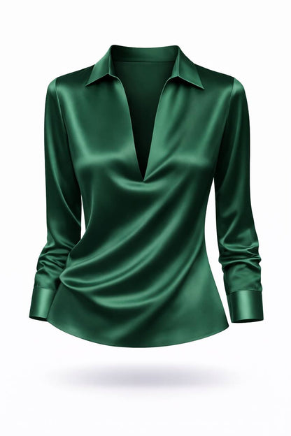 Women's Satin Collared V Neck Blouse