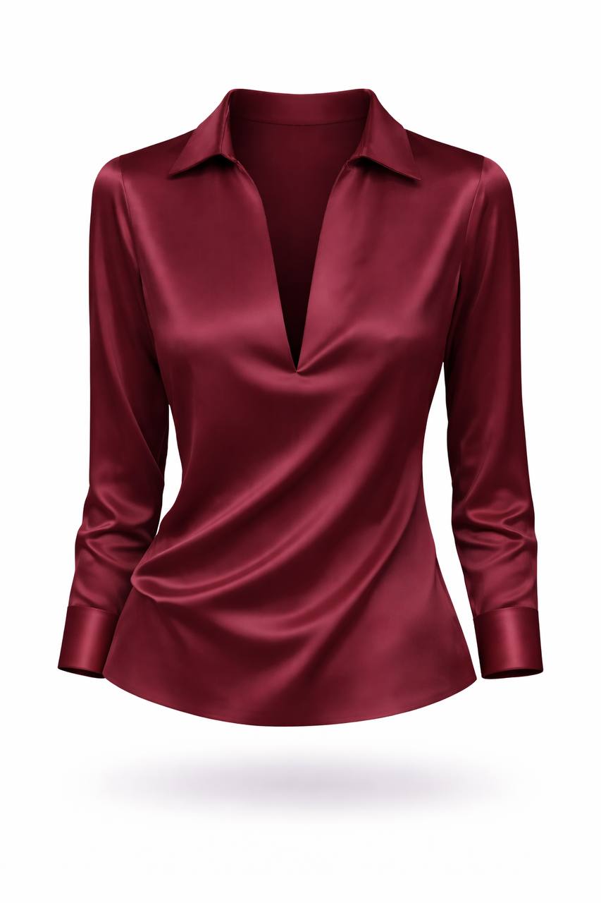 Women's Satin Collared V Neck Blouse