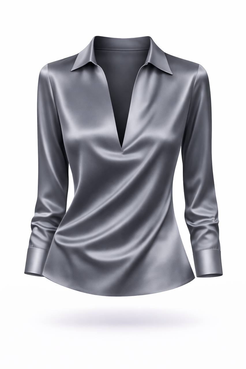Women's Satin Collared V Neck Blouse