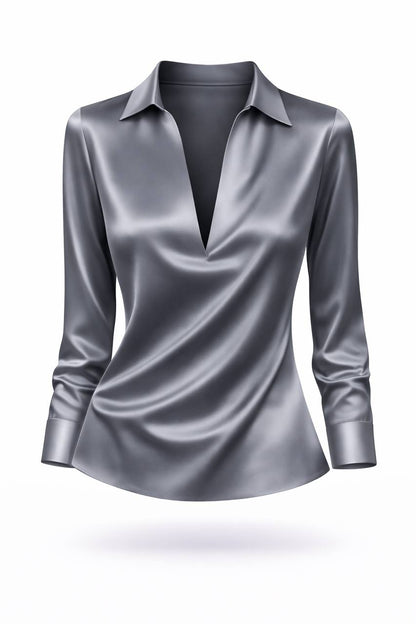 Women's Satin Collared V Neck Blouse