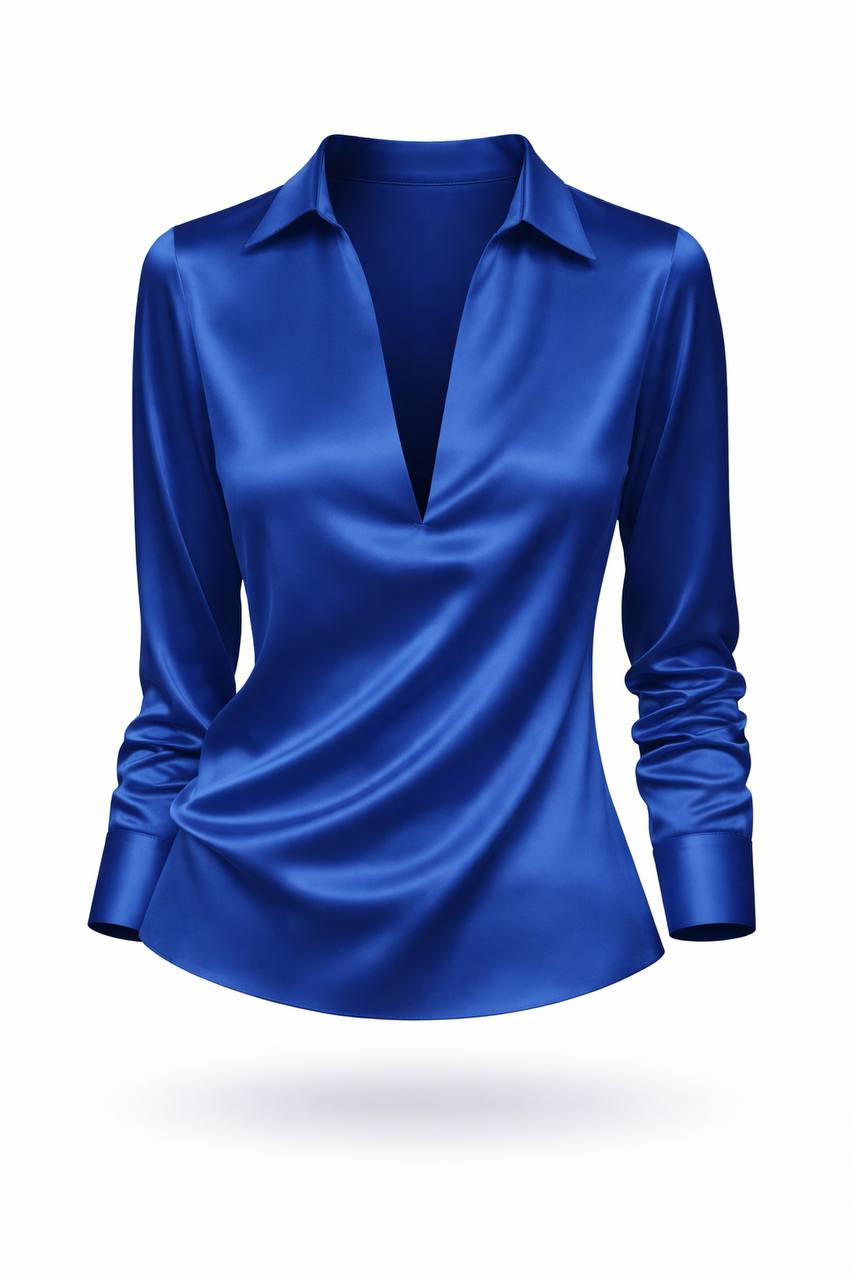 Women's Satin Collared V Neck Blouse