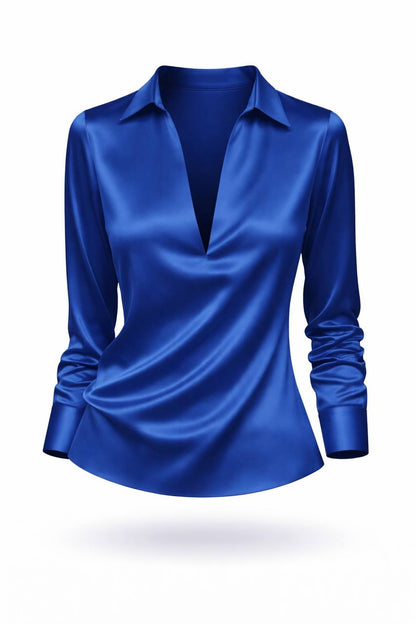 Women's Satin Collared V Neck Blouse