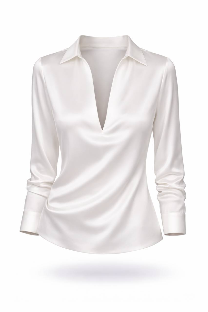 Women's Satin Collared V Neck Blouse