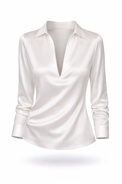 Women's Satin Collared V Neck Blouse