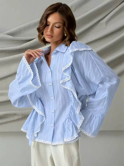 Women's Long Sleeve Ruffle Lace Trim Blouse