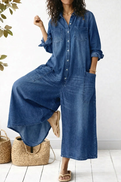 Women's Denim Button Front Wide Leg Jumpsuit