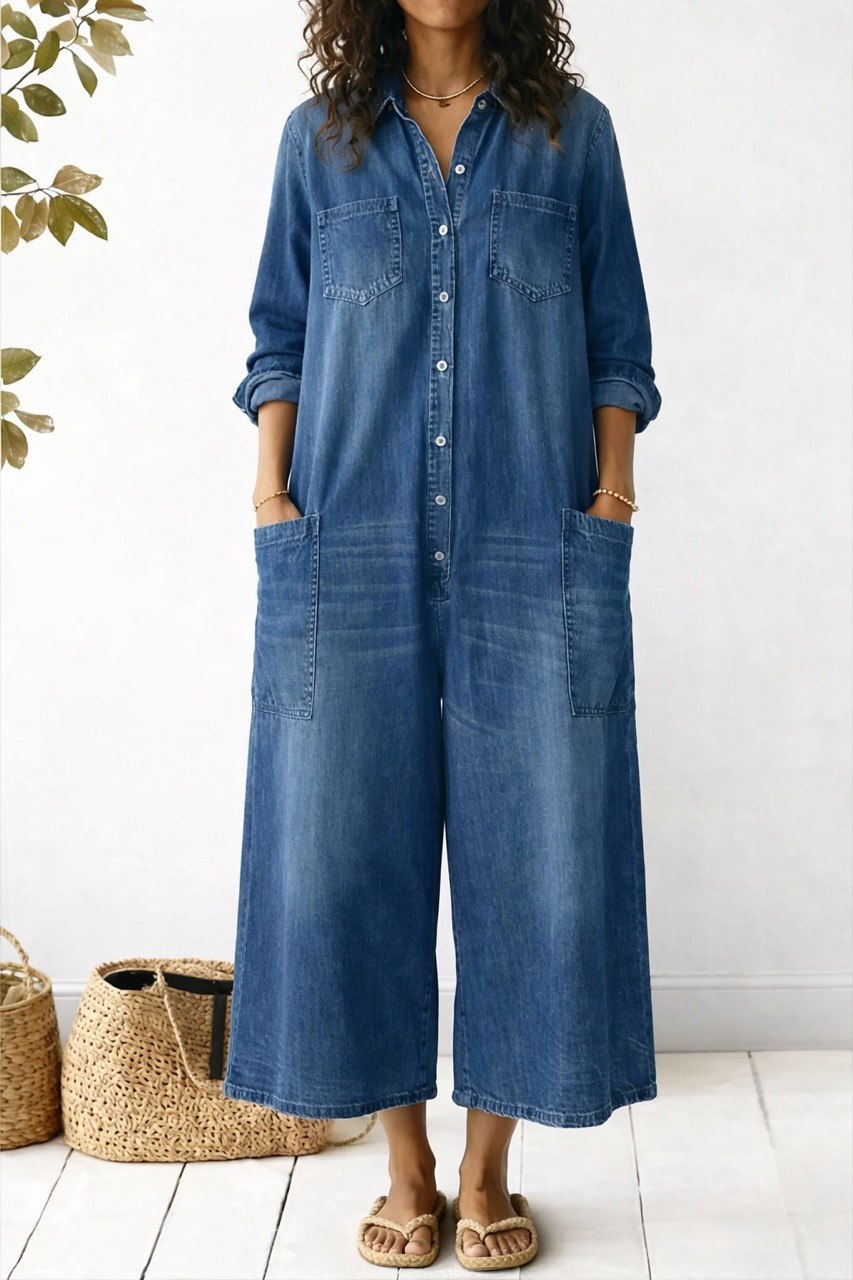 Women's Denim Button Front Wide Leg Jumpsuit