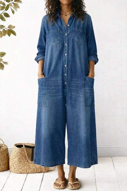 Women's Denim Button Front Wide Leg Jumpsuit