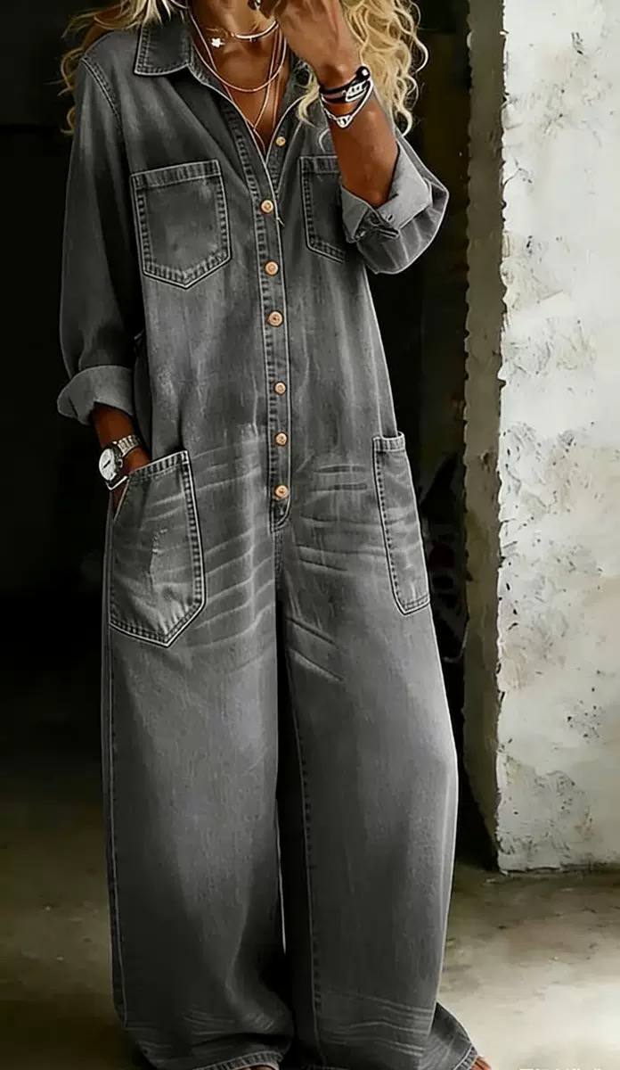 Women's Denim Button Front Wide Leg Jumpsuit