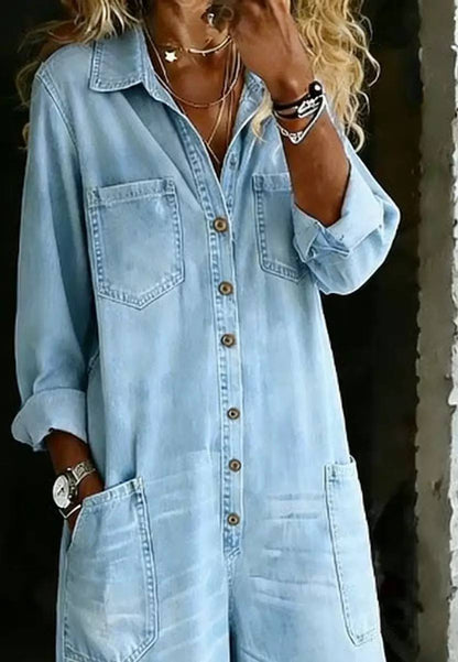 Women's Denim Button Front Wide Leg Jumpsuit