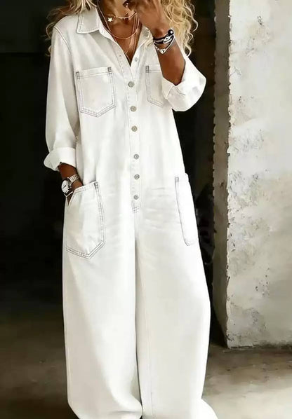 Women's Denim Button Front Wide Leg Jumpsuit