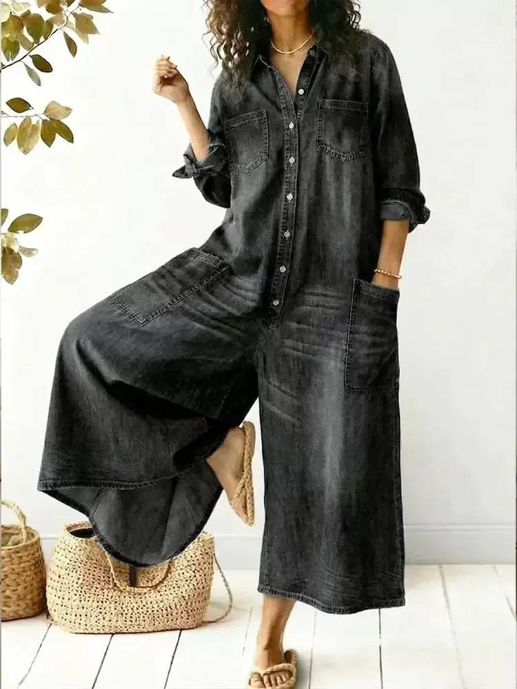 Women's Denim Button Front Wide Leg Jumpsuit