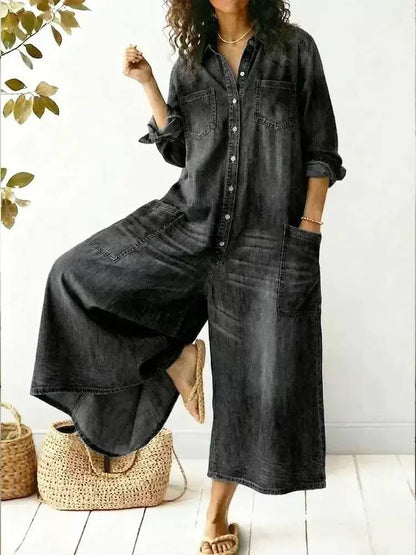 Women's Denim Button Front Wide Leg Jumpsuit