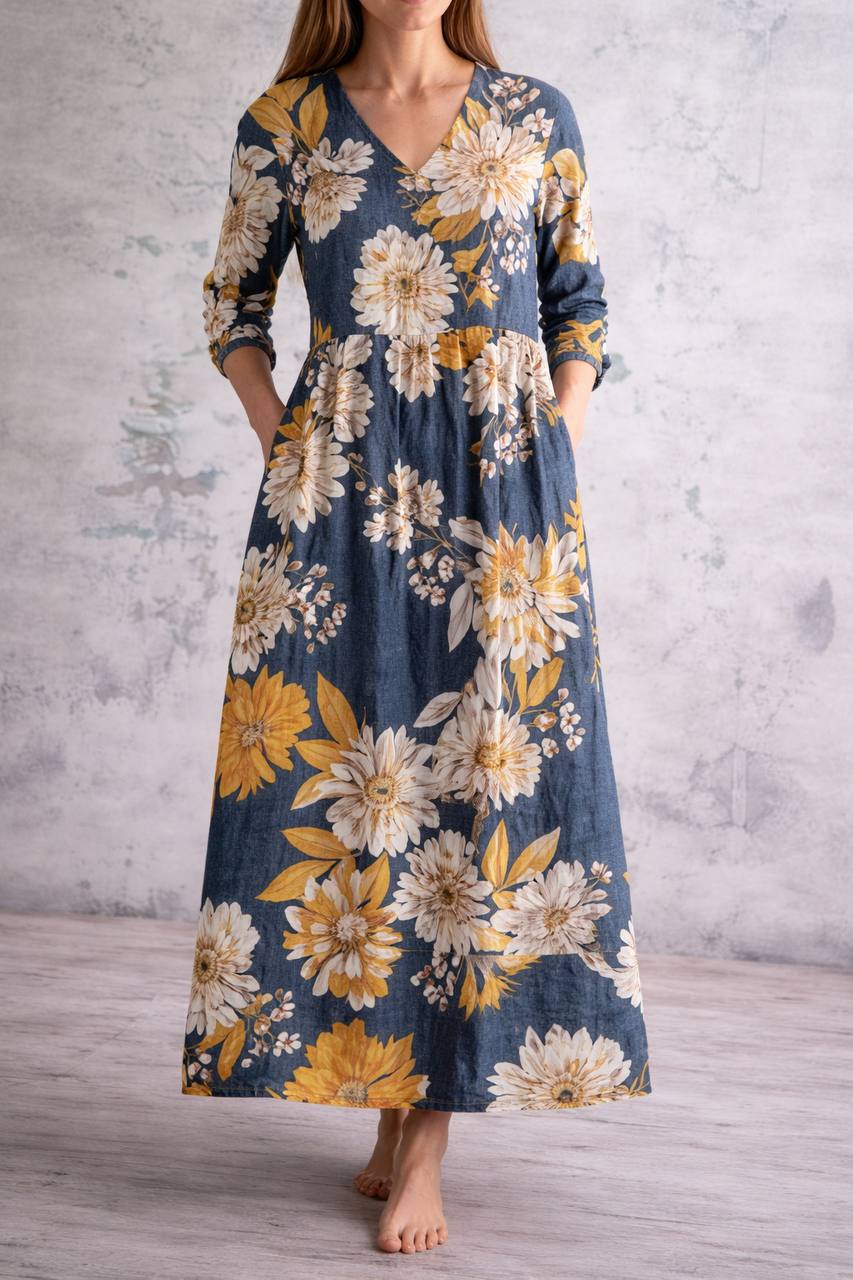 Women's Floral V Neck Long Sleeve Maxi Dress
