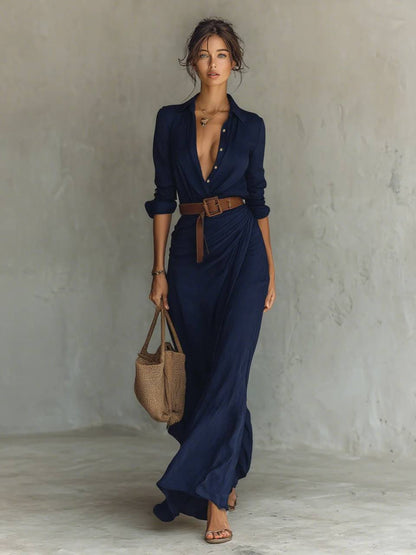 Breasted Long Sleeve Belted Maxi Dress