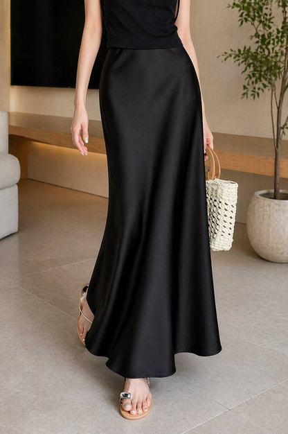 Women's High Waisted Satin A-Line Maxi Skirt
