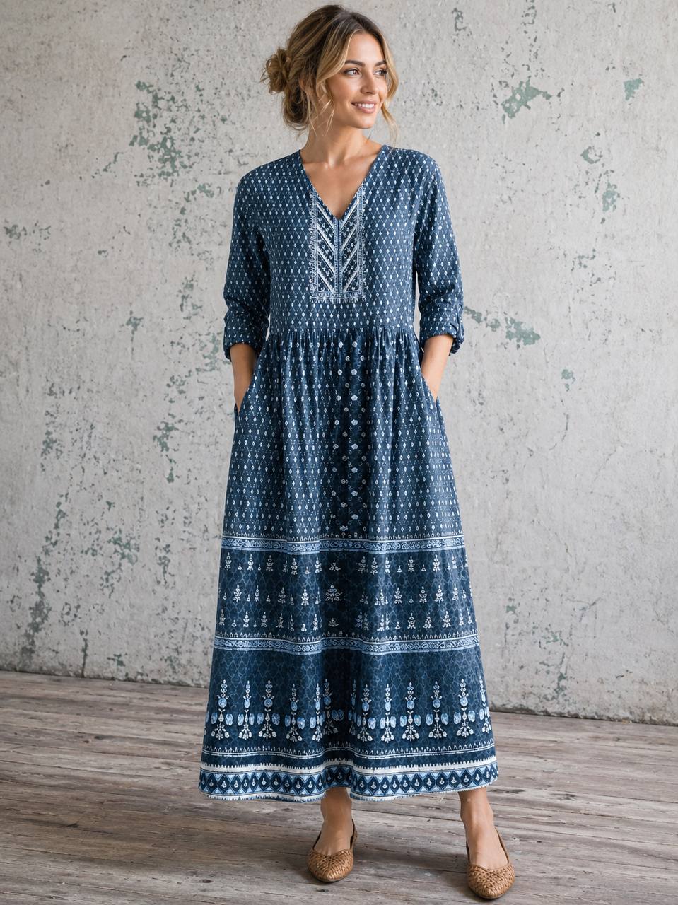 Women's Boho Embroidered V-Neck Maxi Dress