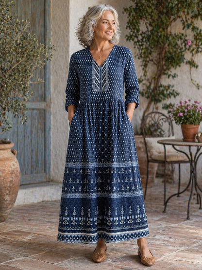 Women's Boho Embroidered V-Neck Maxi Dress
