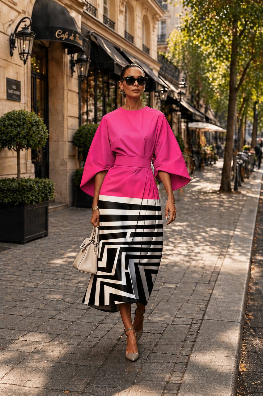 Women's Bold Contrast Geometric Midi Dress