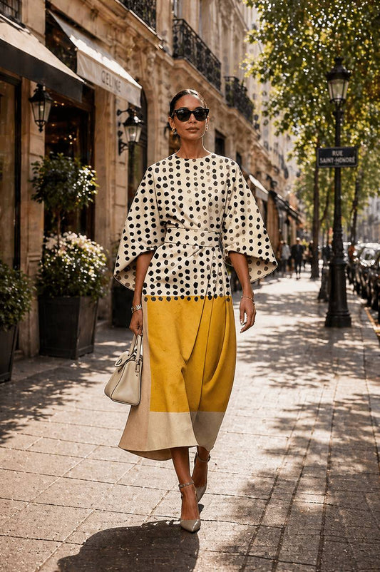 Demi | Polka Contrast Colorblock Midi Dress