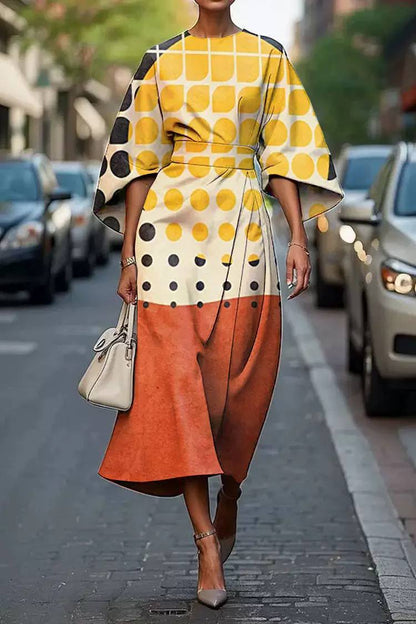 Women's Polka Dot Color Block Midi Dress