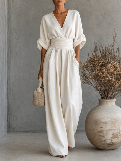 Women's Elegant V-Neck Draped Waist Wide Leg Jumpsuit