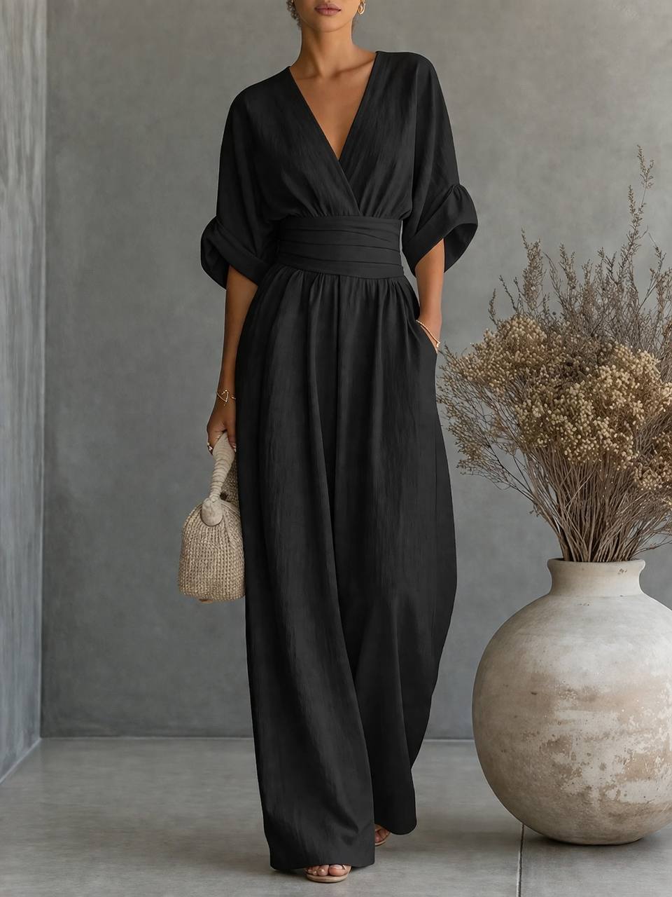 Women's Elegant V-Neck Draped Waist Wide Leg Jumpsuit