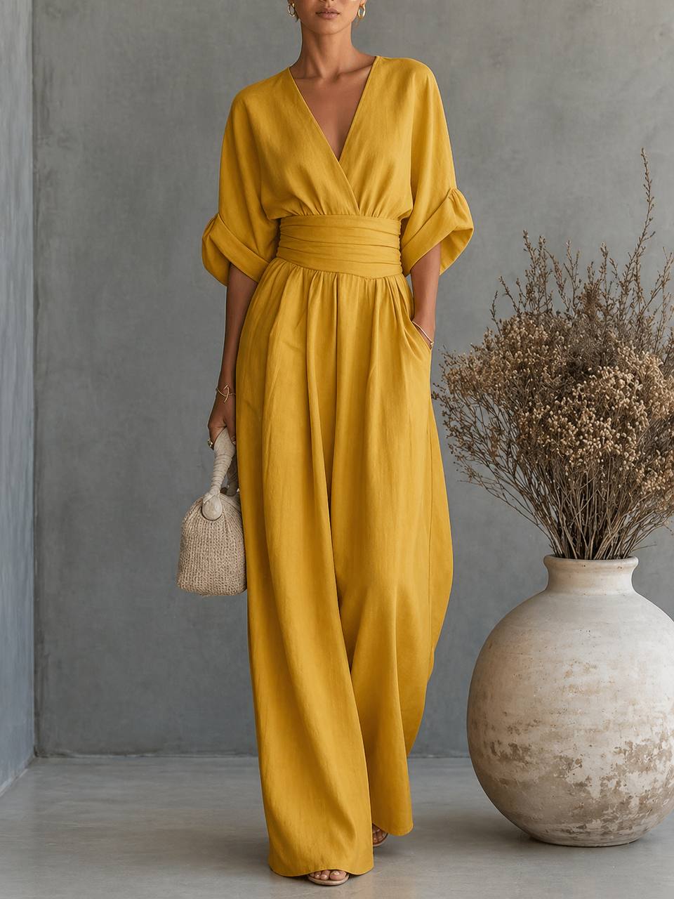 Women's Elegant V-Neck Draped Waist Wide Leg Jumpsuit